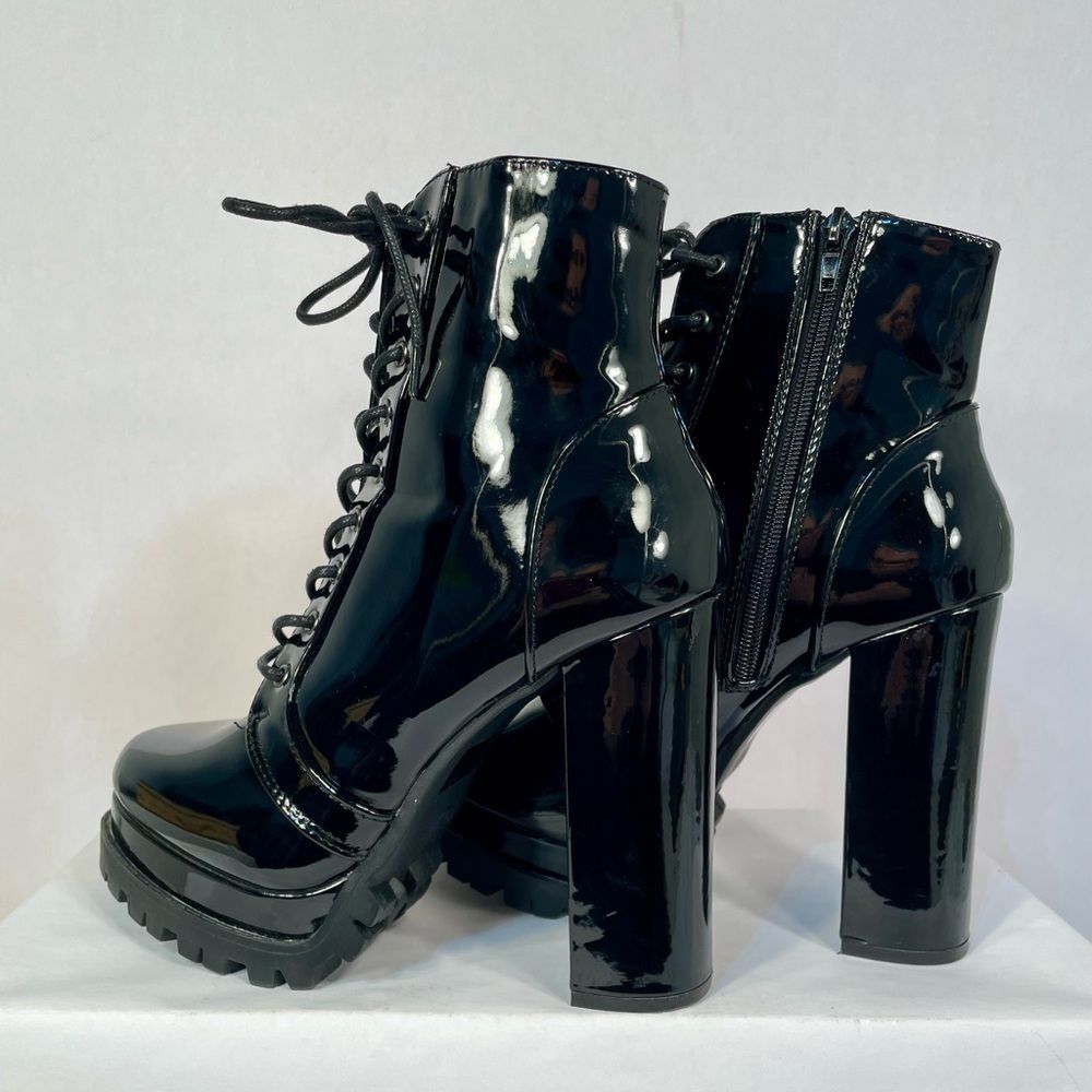 Black Patent Platform Lace-Up Ankle Boots Size 7.5 - Picture 3 of 5